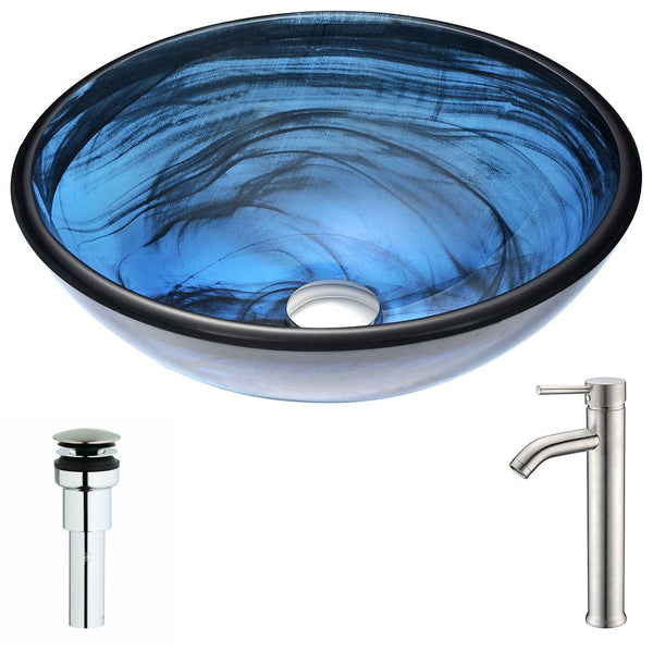 Soave Series Deco-Glass Vessel Sink in Sapphire Wisp with Fann Faucet in Brushed Nickel - Luxe Bathroom Vanities