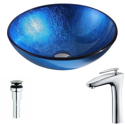 Clavier Series Deco-Glass Vessel Sink in Lustrous Blue with Crown Faucet in Chrome - Luxe Bathroom Vanities