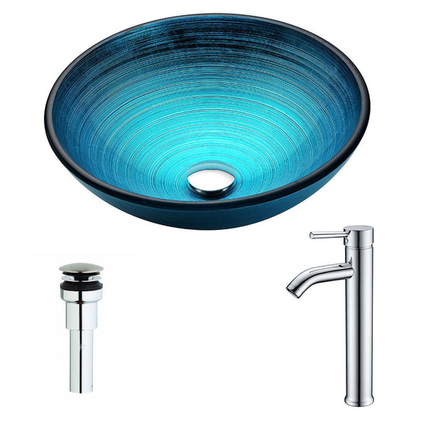 Enti Series Deco-Glass Vessel Sink in Lustrous Blue with Fann Faucet in Chrome - Luxe Bathroom Vanities