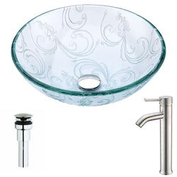 Vieno Series Deco-Glass Vessel Sink in Crystal Clear Floral with Fann Faucet in Brushed Nickel - Luxe Bathroom Vanities