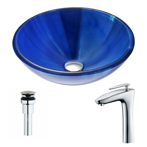 Meno Series Deco-Glass Vessel Sink in Lustrous Blue with Crown Faucet in Chrome - Luxe Bathroom Vanities