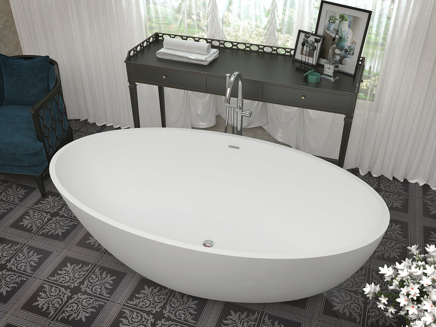 Cestino 5.5 ft. Man-Made Stone Center Drain Freestanding Bathtub in Matte White - Luxe Bathroom Vanities Luxury Bathroom Fixtures Bathroom Furniture