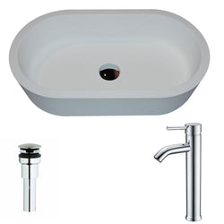 Vaine Series 1-Piece Man Made Stone Vessel Sink in Matte White with Fann Faucet in Polished Chrome - Luxe Bathroom Vanities