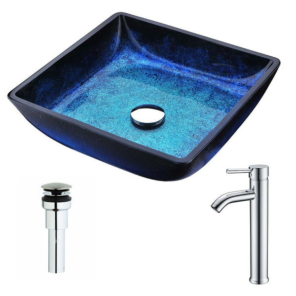 Viace Series Deco-Glass Vessel Sink in Blazing Blue with Fann Faucet in Chrome - Luxe Bathroom Vanities