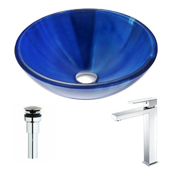 Meno Series Deco-Glass Vessel Sink in Lustrous Blue with Enti Faucet - Luxe Bathroom Vanities
