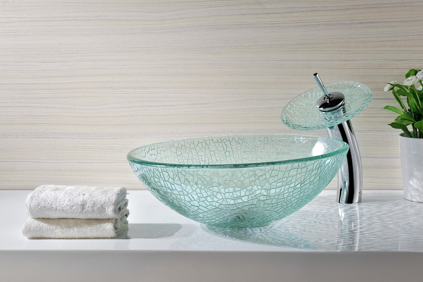 Choir Series Deco-Glass Vessel Sink in Crystal Clear Mosaic with Matching Chrome Waterfall Faucet - Luxe Bathroom Vanities