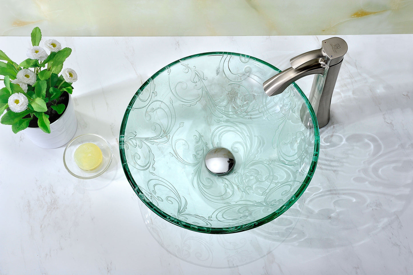 Vieno Series Vessel Sink with Pop-Up Drain in Crystal Clear Floral - Luxe Bathroom Vanities