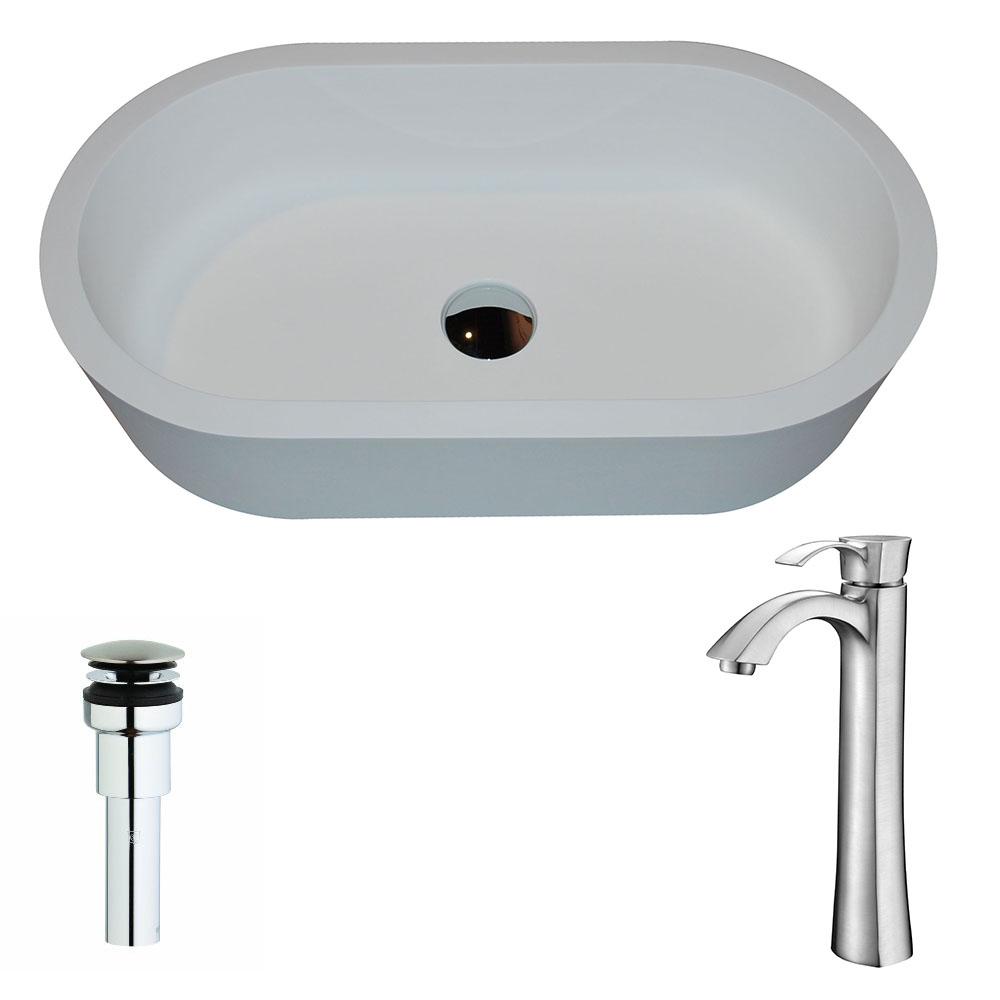 Vaine Series 1-Piece Man Made Stone Vessel Sink in Matte White with Harmony Faucet in Brushed Nickel - Luxe Bathroom Vanities