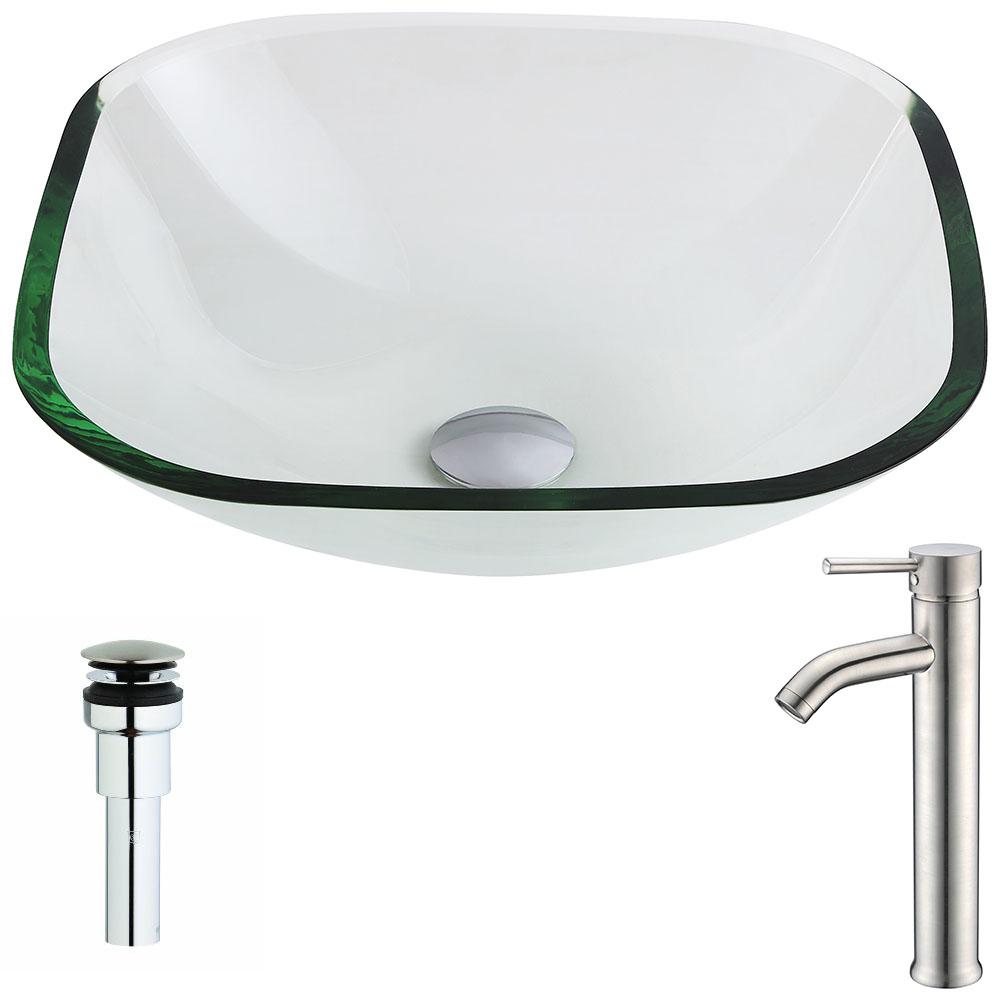 Cadenza Series Deco-Glass Vessel Sink in Lustrous Clear with Fann Faucet in Brushed Nickel - Luxe Bathroom Vanities