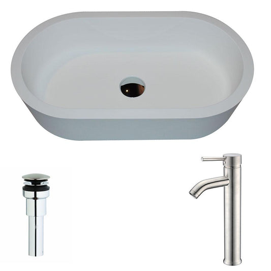 Vaine Series 1-Piece Man Made Stone Vessel Sink in Matte White with Fann Faucet in Brushed Nickel - Luxe Bathroom Vanities