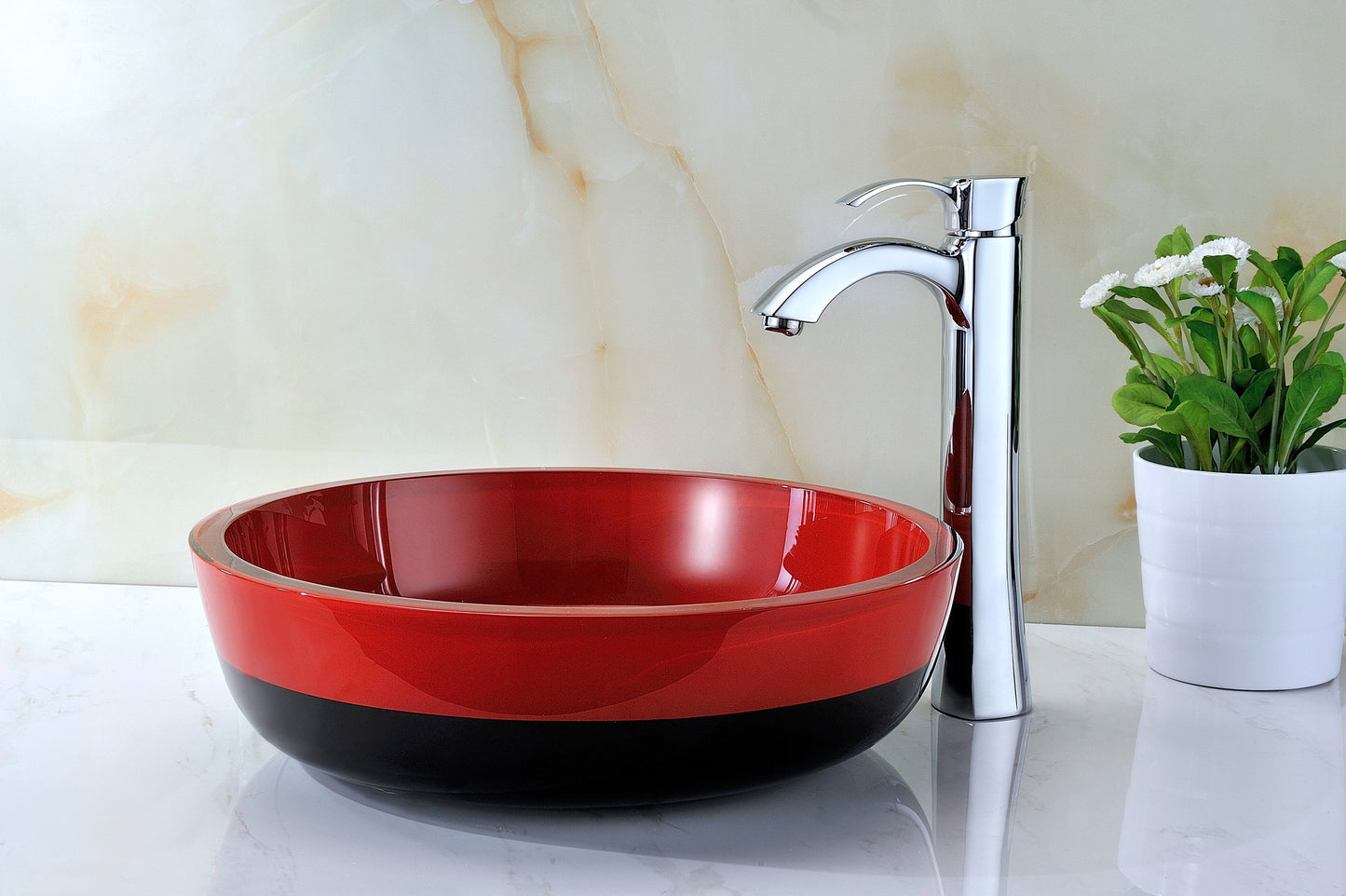 Schnell Series Deco-Glass Vessel Sink in Lustrous Red and Black - Luxe Bathroom Vanities