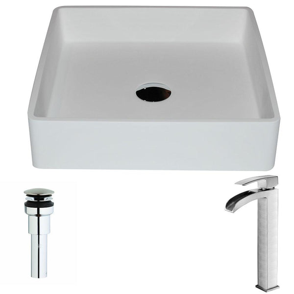 Passage Series 1-Piece Man Made Stone Vessel Sink in Matte White with Key Faucet in Brushed Nickel - Luxe Bathroom Vanities