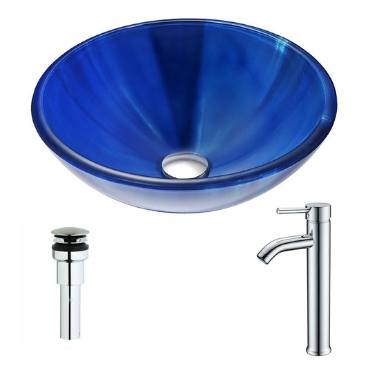 Meno Series Deco-Glass Vessel Sink in Lustrous Blue with Fann Faucet in Chrome - Luxe Bathroom Vanities