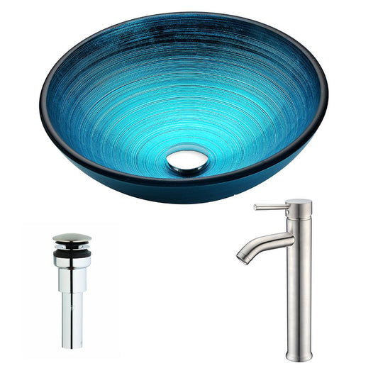 Enti Series Deco-Glass Vessel Sink in Lustrous Blue with Fann Faucet in Brushed Nickel - Luxe Bathroom Vanities
